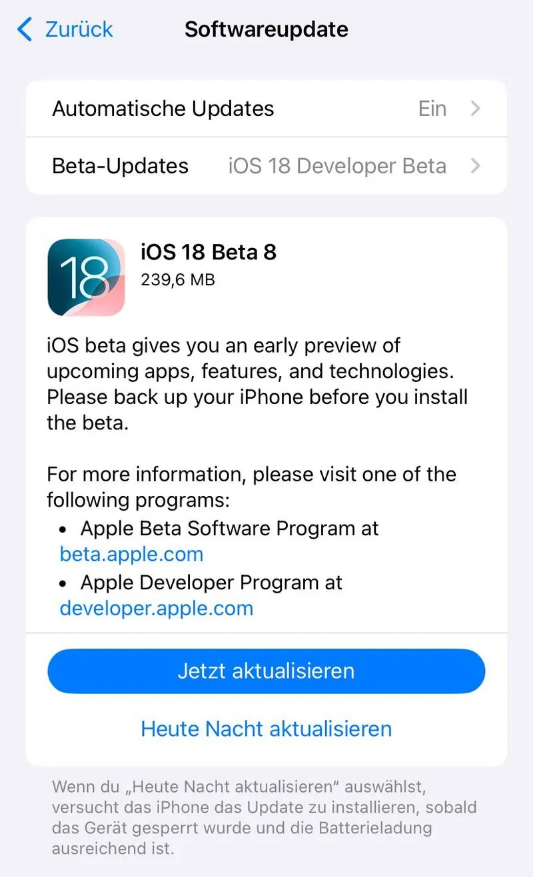 昆玉苹果手机维修分享苹果 iOS / iPadOS 18 开发者预览版 Beta 8 发布 